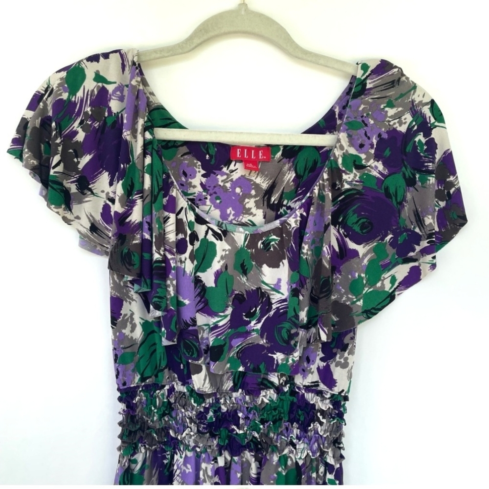 ELLE Abstract Print Flutter Sleeve Smocked Midi Dress Purple/Green Womens S Boho